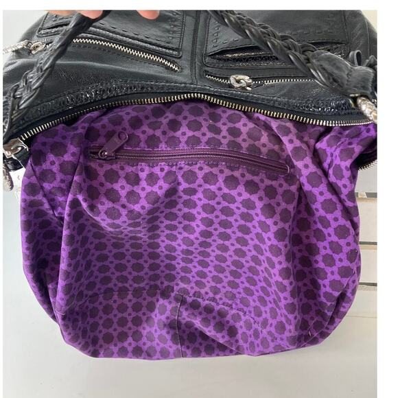 BRIGHTON LARGE BLACK LEATHER, ANIMAL PRINT TRIM SHOULDER BAG - Picture 16 of 16